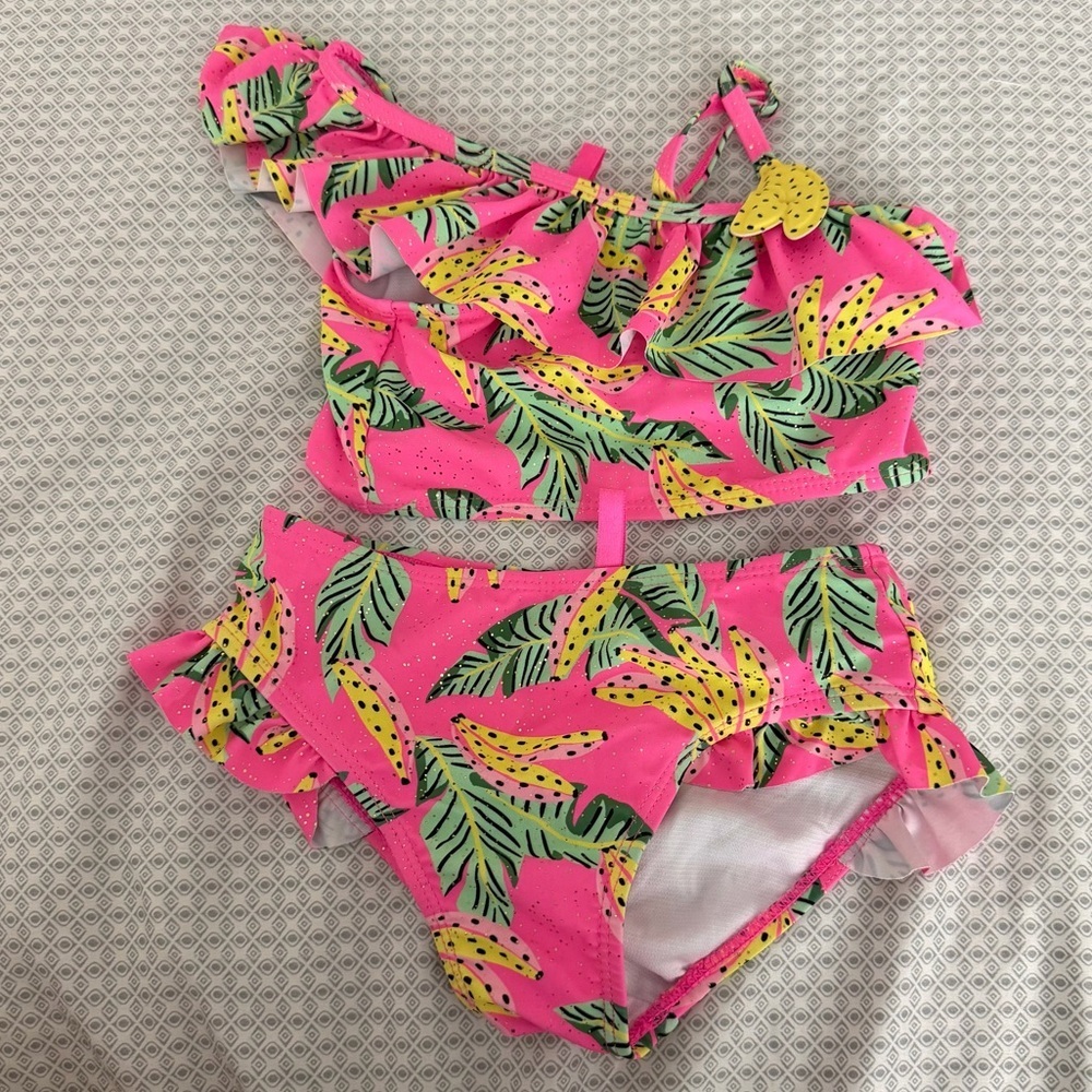 Betsey Johnson Youth Girls Tropical Pink Banana Leaf Two Piece Bikini Size 5